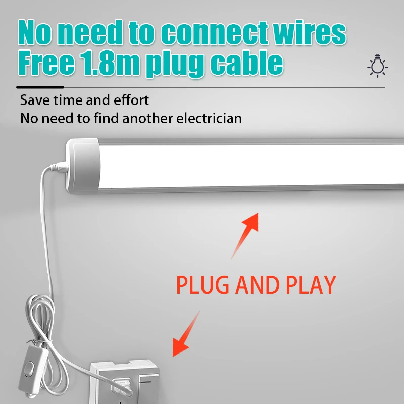 LED Light Tube Direct Plug-in Light Tube 110V 220V LED Lamp Tube Desk Work Study Shop Garage Warehouse Kitchen Cabinet Lighting