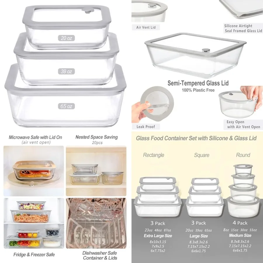 

Glass Food Containers with Glass Lid, Microwave Safe Food Storage Container Set, 3 Pack, Square Shape, Food Containers with Lid