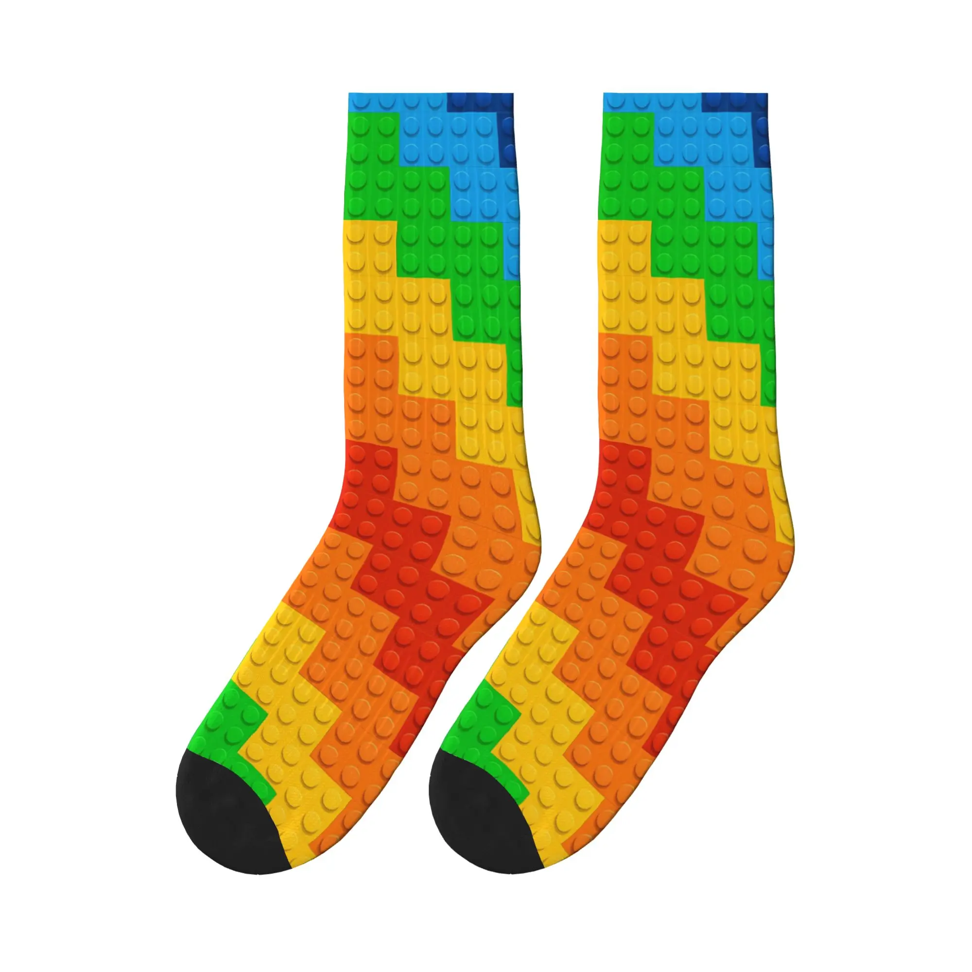 Rainbow Gradient Building Blocks Print Stockings Funny Socks Men Breathable Socks Autumn Outdoor Custom Anti Skid Socks Gift