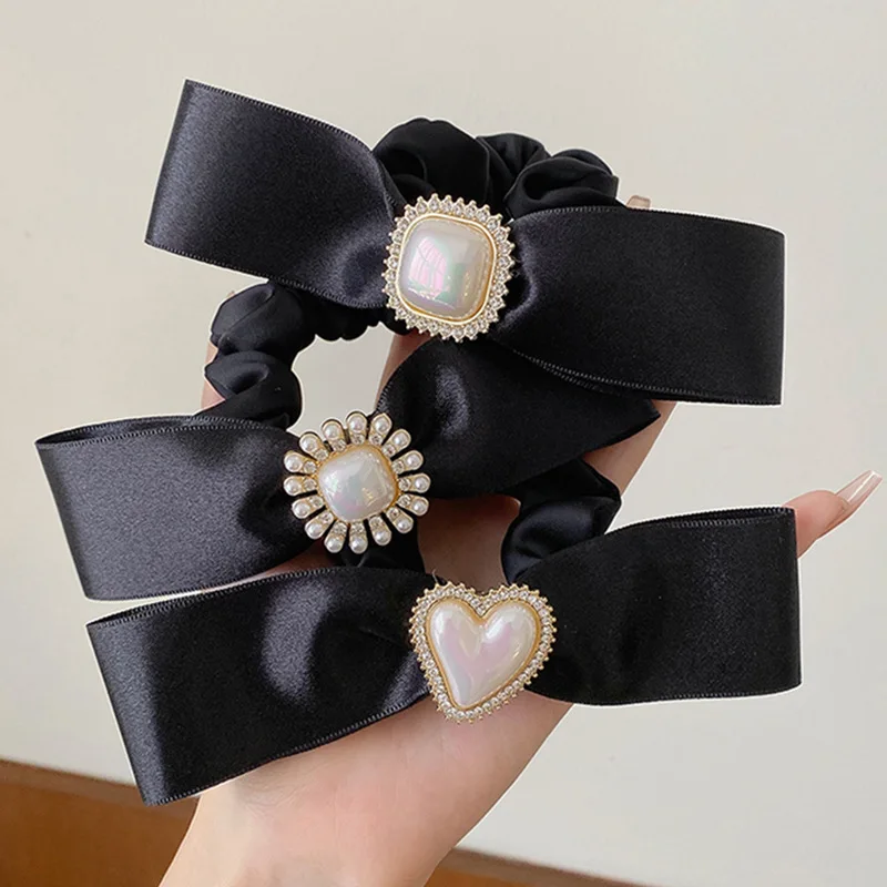 

Woman Three-dimensional Pearl Luster Heart Sunflower Square Design Scrunchie Hair Ties Rubber Band Lady Elegant Rope Rings