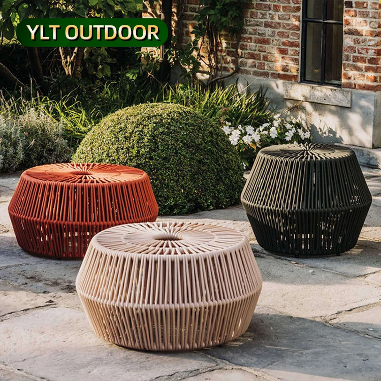 Nordic Garden Chairs Aluminium Colorful Patio Stool Outdoor Furniture Set Small Round Pouffe Chair Waterproof Weave Rope Stool