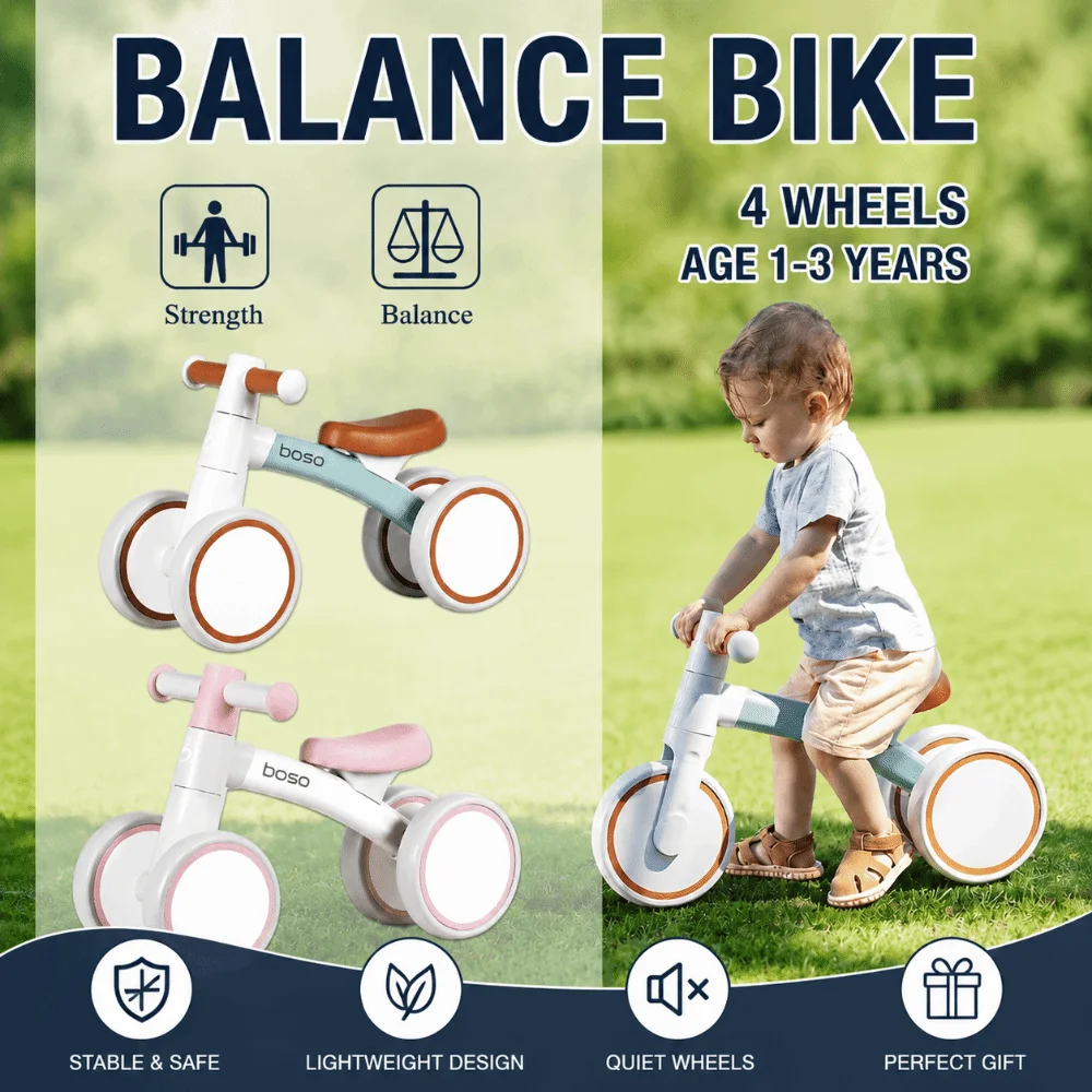 New Anti-Tip Balance Bike Non-Slip Handle 3/4 Wheels Children's Learning Walker Car for 1-3 Years Old