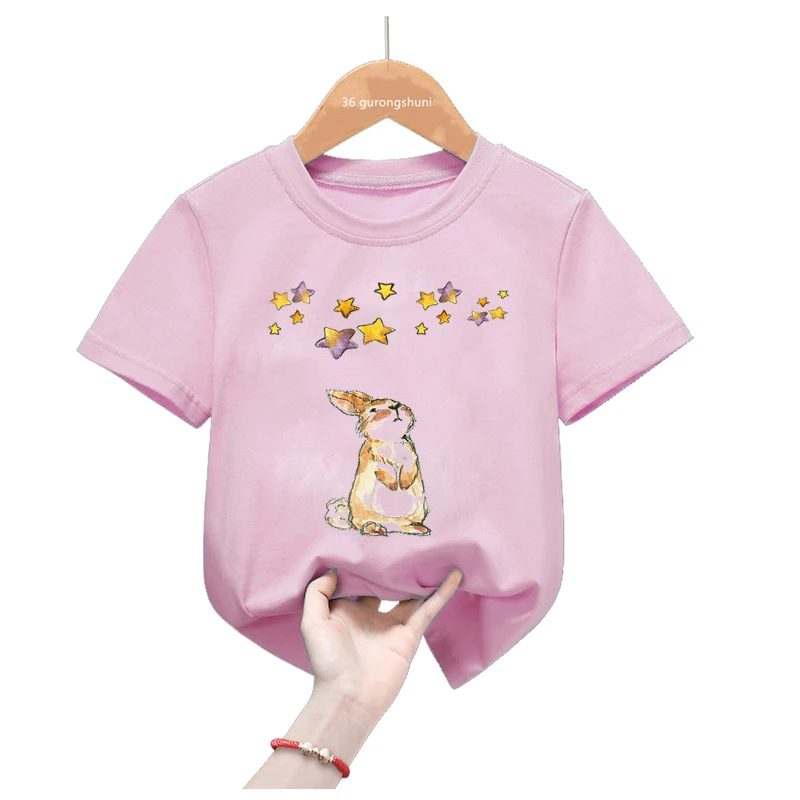 T-shirt imprimé Bunny Love Star pour filles et garçons, blanc, rose, drôle, Harajuku, Kawaii, vêtements pour enfants, mode estivale, t-shirts Y