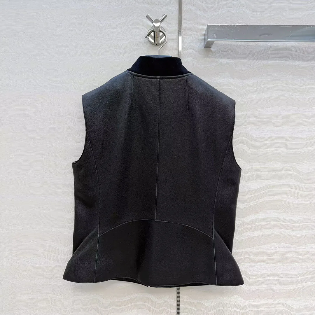 Chaleco Corto de Piel de Oveja 100% de Alta Calidad, Diseño Negro, Cuello Redondo, Sin Mangas, Cierre de Cremallera, Remaches, Estilo Vintage para Mujer