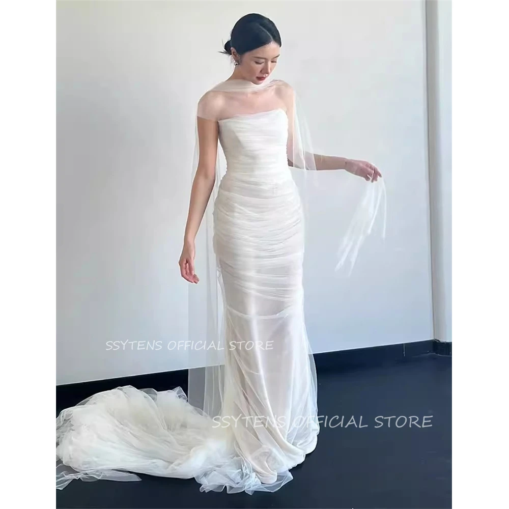 

Gentle Strapless Mermaid Korea Wedding Dresses Elegant Photoshoot 웨딩드레스 Soft Tulle Scarf Bridal Gowns Custom Made Bride Dress