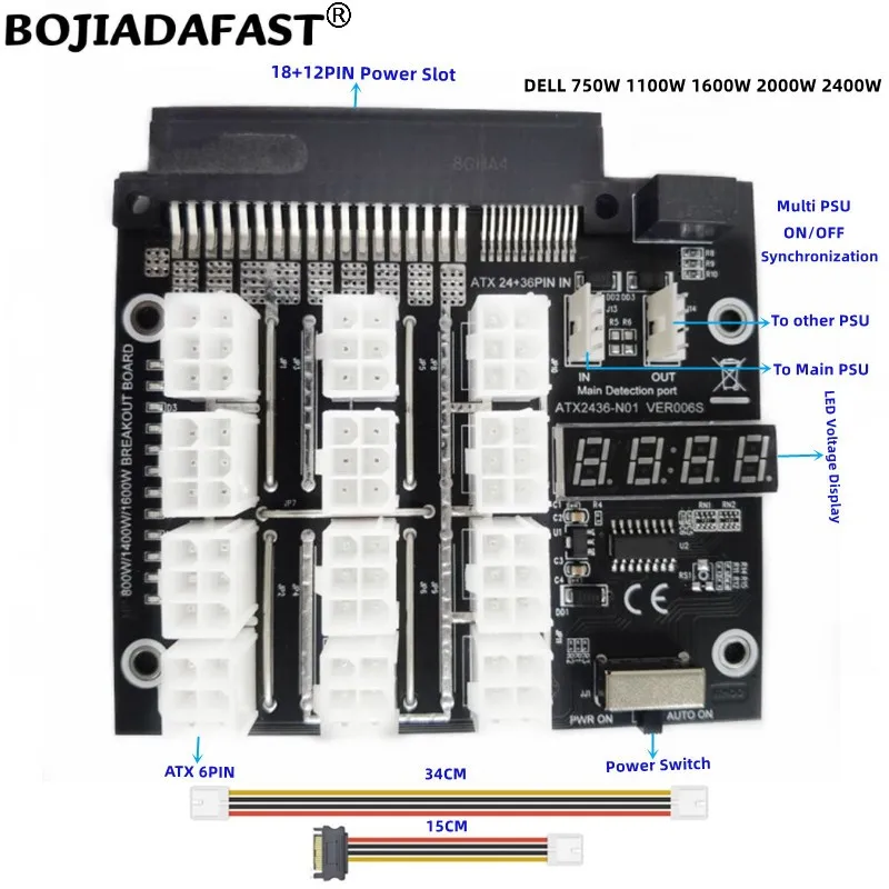 

12 Ports 12V PCI-E PCIe 6Pin Connector Breakout Board Synchronization For DELL 750W 1100W 1600W 2000W 2400W Server Power Supply