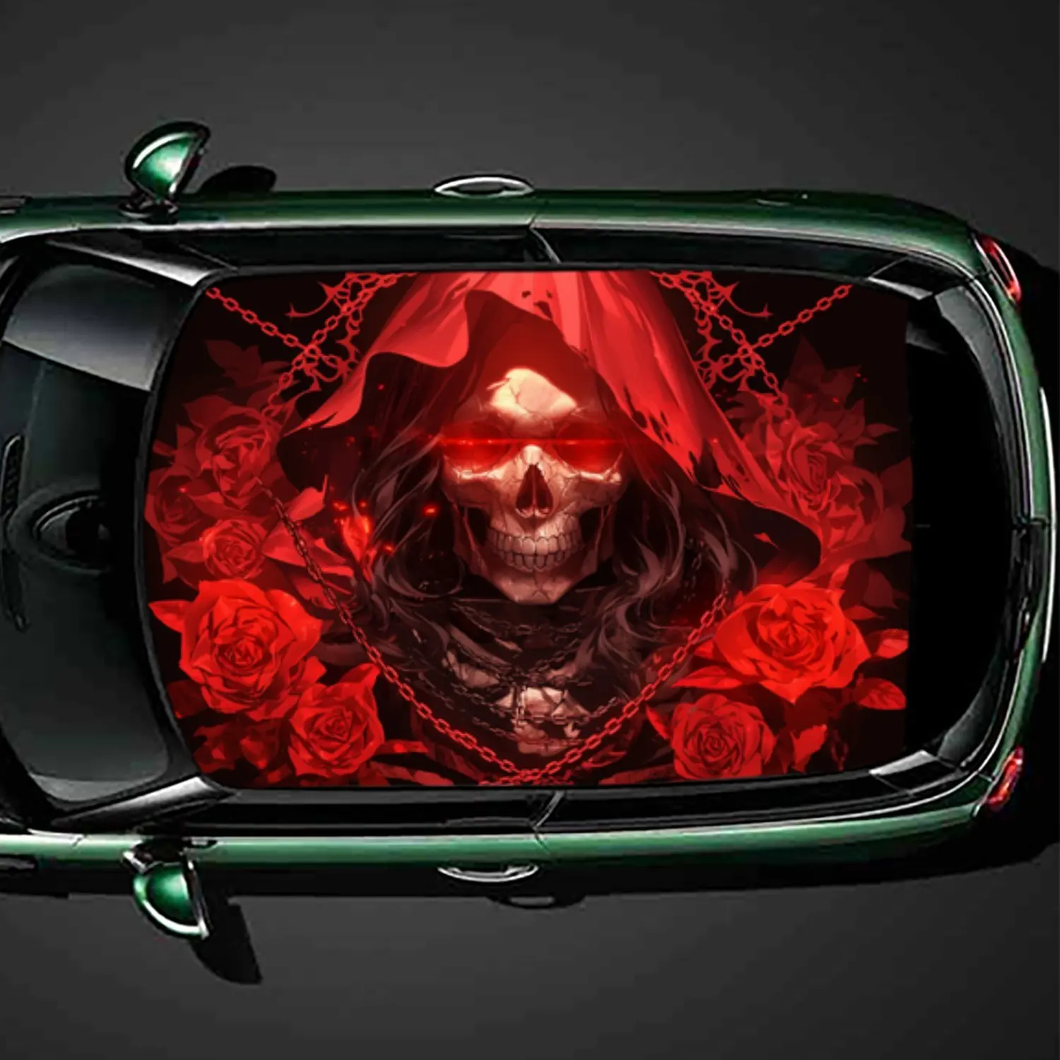 

Skull Cloaked in Red with Rose Background PVC Car Roof Vinyl Wrap, Self-Adhesive Waterproof Automotive Sticker, Anti-Scratch Dec