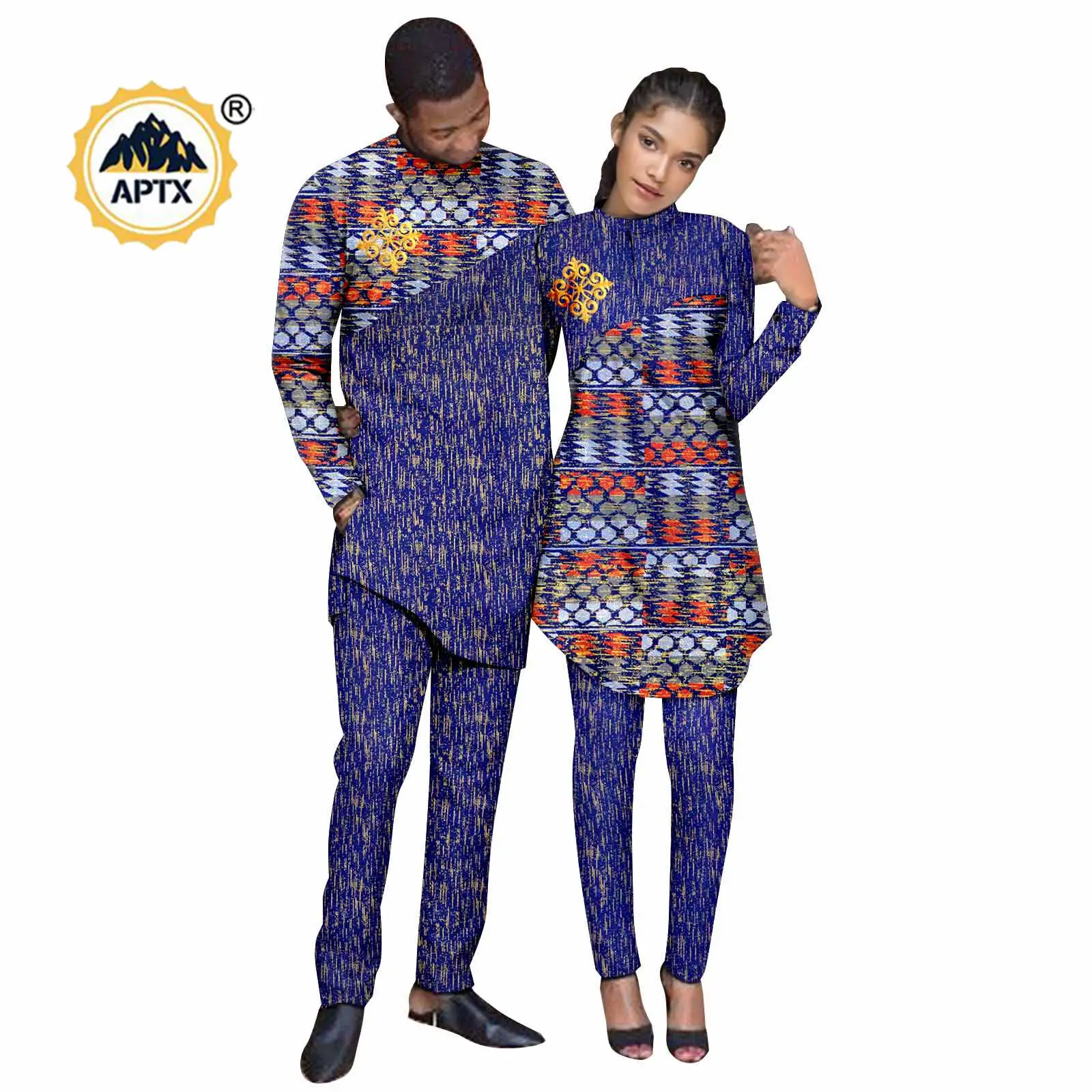 Ropa a juego para parejas africanas, conjunto de 2 piezas con apliques estampados para mujer, Top y pantalón Dashiki, trajes para hombre, boda Bazin Riche 24C079