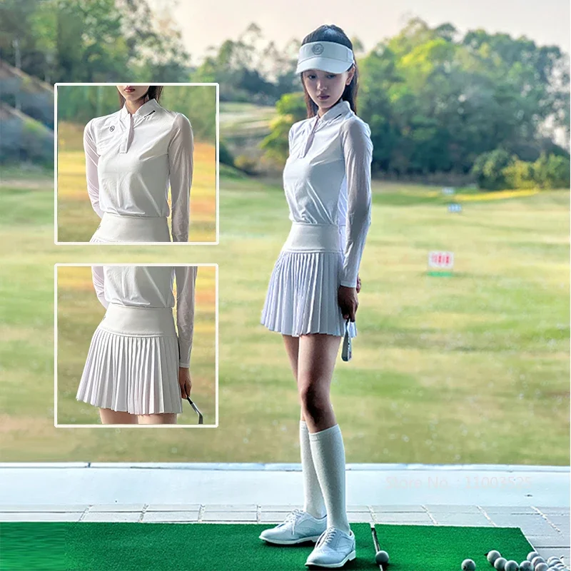 SG Golf Women Long-sleeve Top Sunscreen Quick-drying T-shirt Jersey High Waist Skirt Female Golf Pleated Skorts With Inner Short