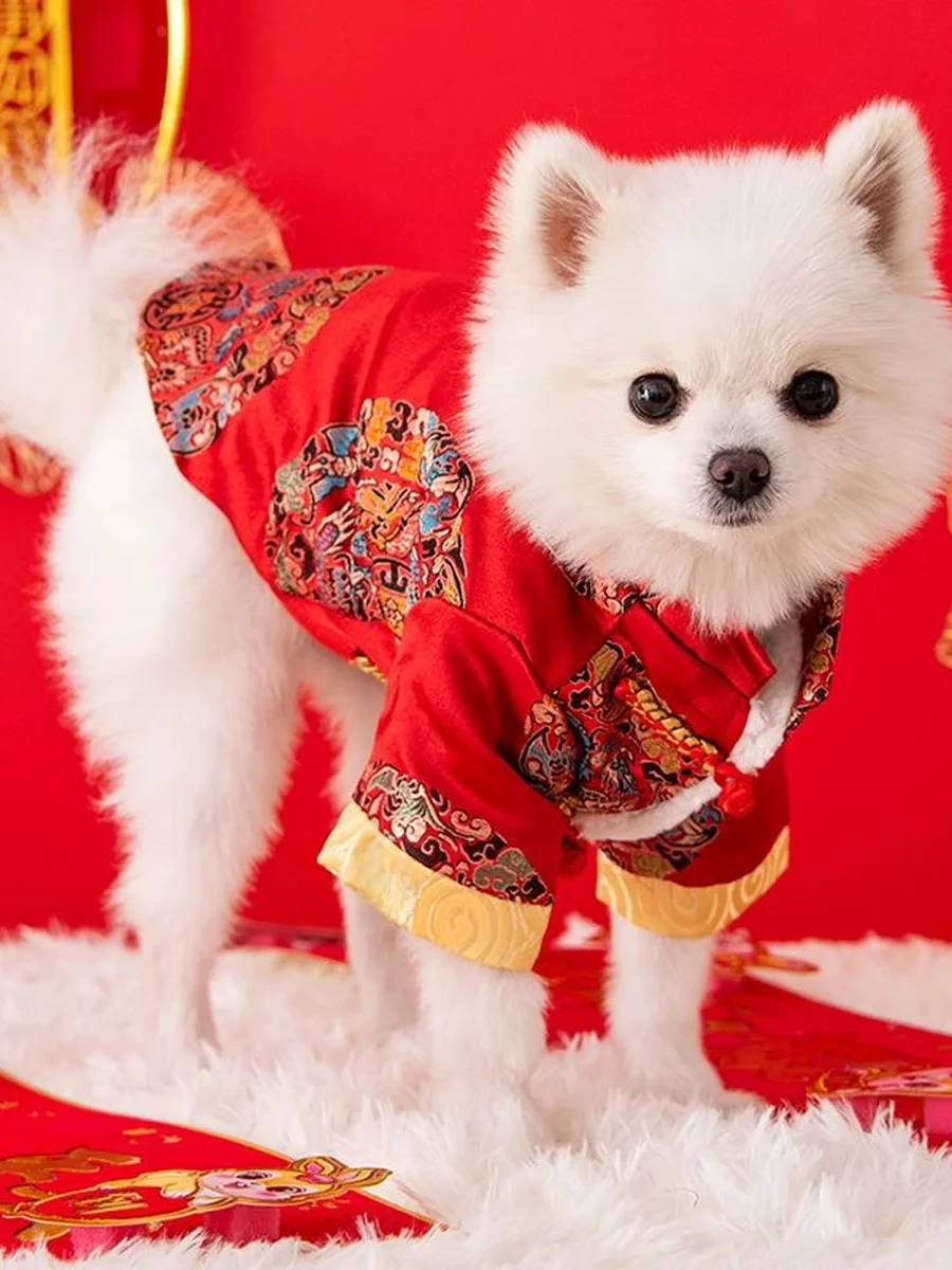 Thickened Autumn Winter New Year Celebration Tang Suit Style Pet Clothes for Dogs And Cats with Hat Warm Outdoor Clothes