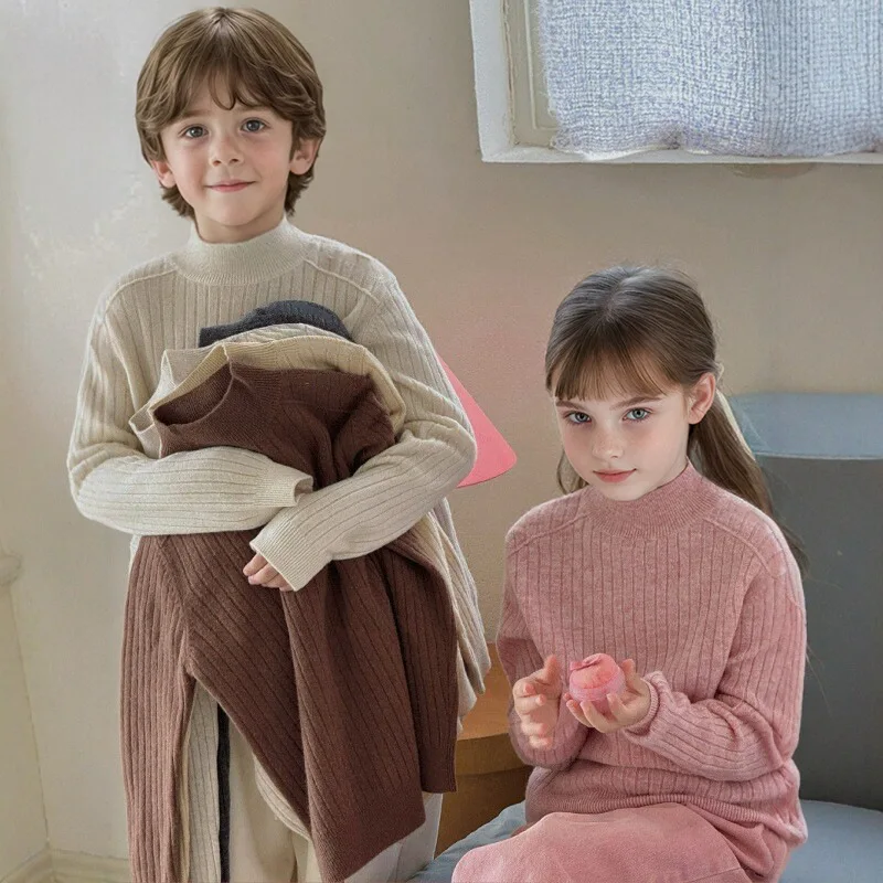 2026 Autumn/Winter New Style High-neck Knitted Sweater - Chic Underwear Pullover Sweater, Boys' and Girls' Solid Color Sweater
