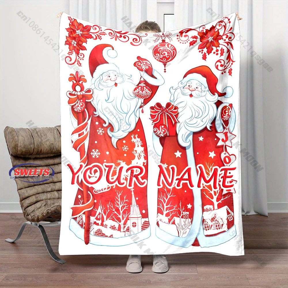 Personalized Custom Name Vintage Double Santa Claus Blanket, Red Christmas Cutout Style Flannel Throw Blanket, Xmas Gift