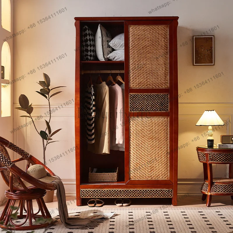 New Chinese Solid Wood Wardrobe South East Asia Double Door Sliding Rattan Storage Cabinet
