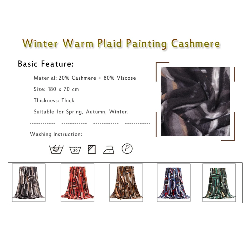 Women Luxury Thick Warm Pashmina Scarf Winter Bright Plaid Painting Large Wrap Soft Shawl Elegant Cashmere NEW