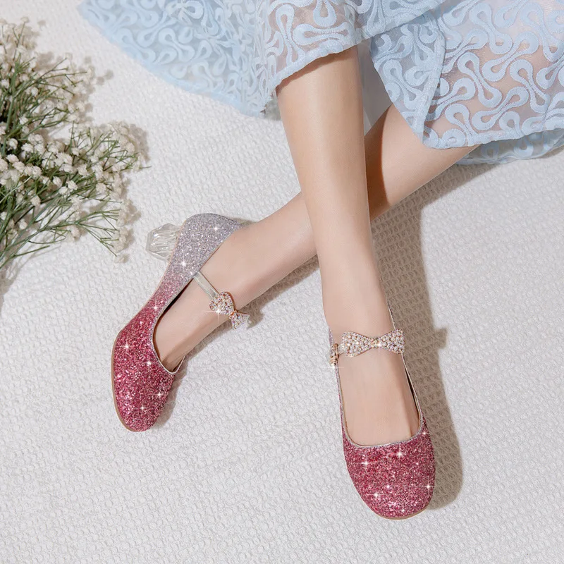 Princess Kids Leather Shoes for Girls Rhinestones Casual Glitter Children High Heel Girls Wedding Party Shoes Bow Pink Silver