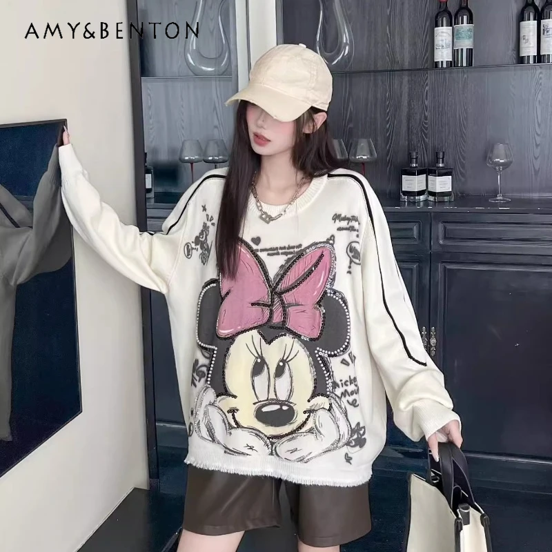 

Cartoon Heavy Rhinestone Long Sleeves Round Neck Sweater For Women's Loose Casual Fit Oversized Knitwear Autumn Winter Outerwear