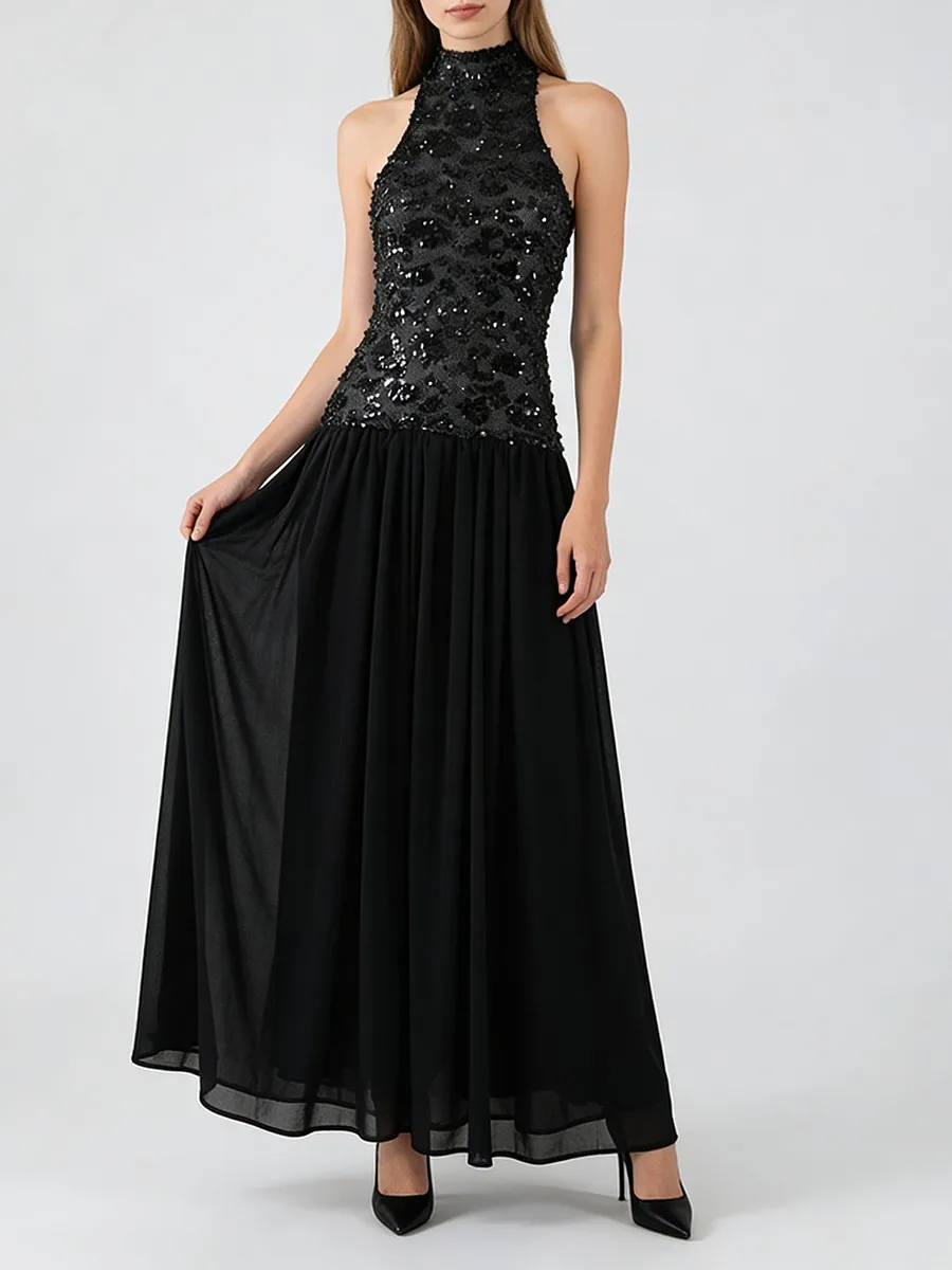 TWOTWINSTYLE Solido Sheer Impiombato Paillettes Abiti Eleganti per Le Donne Halter Senza Maniche Tunica Patchwork Pieghe Vestito di Moda Femminile