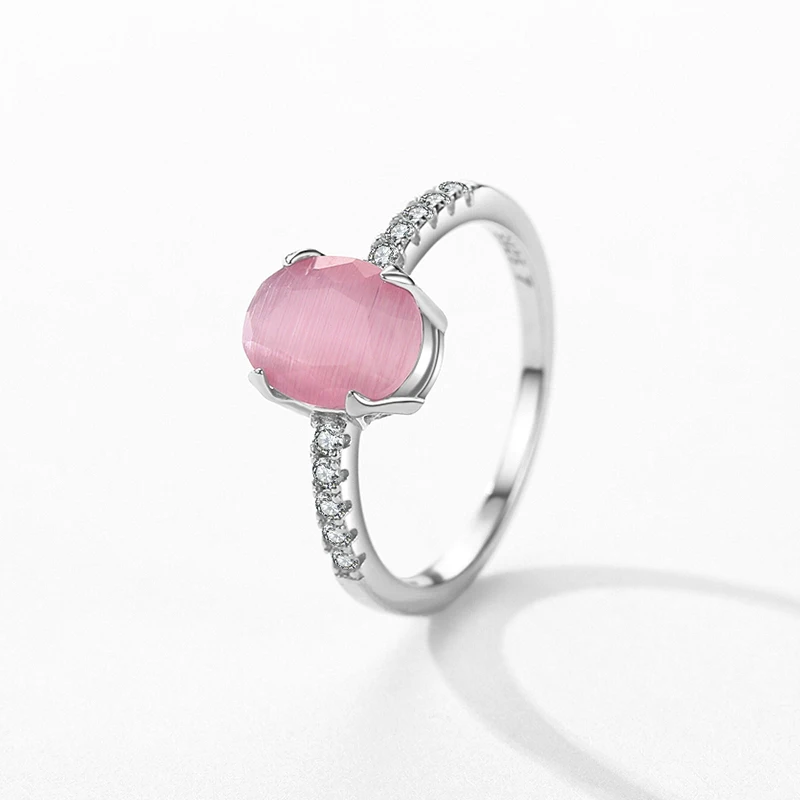 Modian Genuine 925 Sterling Silver Fashion Romantic Oval Pink Opal Finger Ring For Women Girls Charm Party Fine Jewelry Gifts