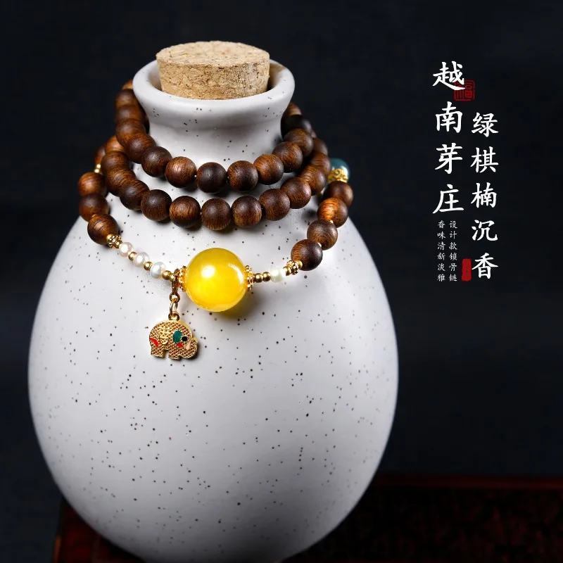 Green Nha Trang Agarwood Multi-wrap Bracelet Buddhist Beads DIY Elephant Amber Bead Necklace Sweater Chain Gifts