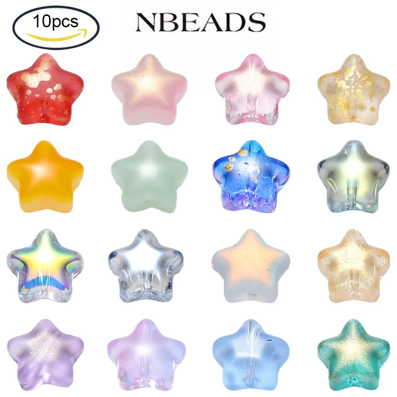 NBEADS 10PCS 8x8.5x4mm Turquoise Spray Painted Glass Beads with Glitter Powder Star For Jewelry Bracelet Earrings Making