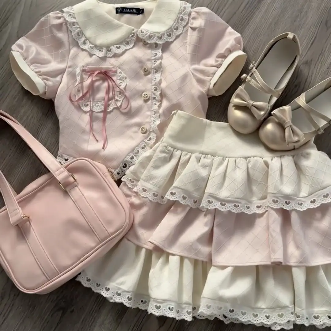 Retail New Teenage Clothing Lace Suits,  Baby Girls  Fashion Summer  2 Piece Sets,  Top+ Skirts   4-12 T