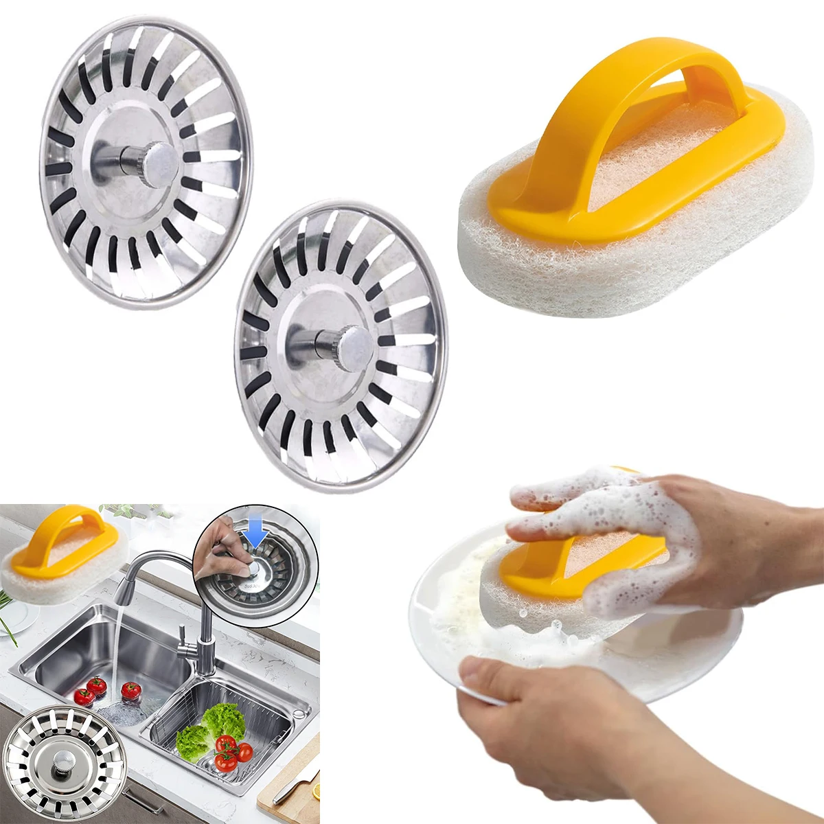 2pcs Kitchen Sink Strainer Stoppers and 1pc Sink Cleaning Cloth, Drain Plug, Sink Filter, Kitchen Floor Drain Tool
