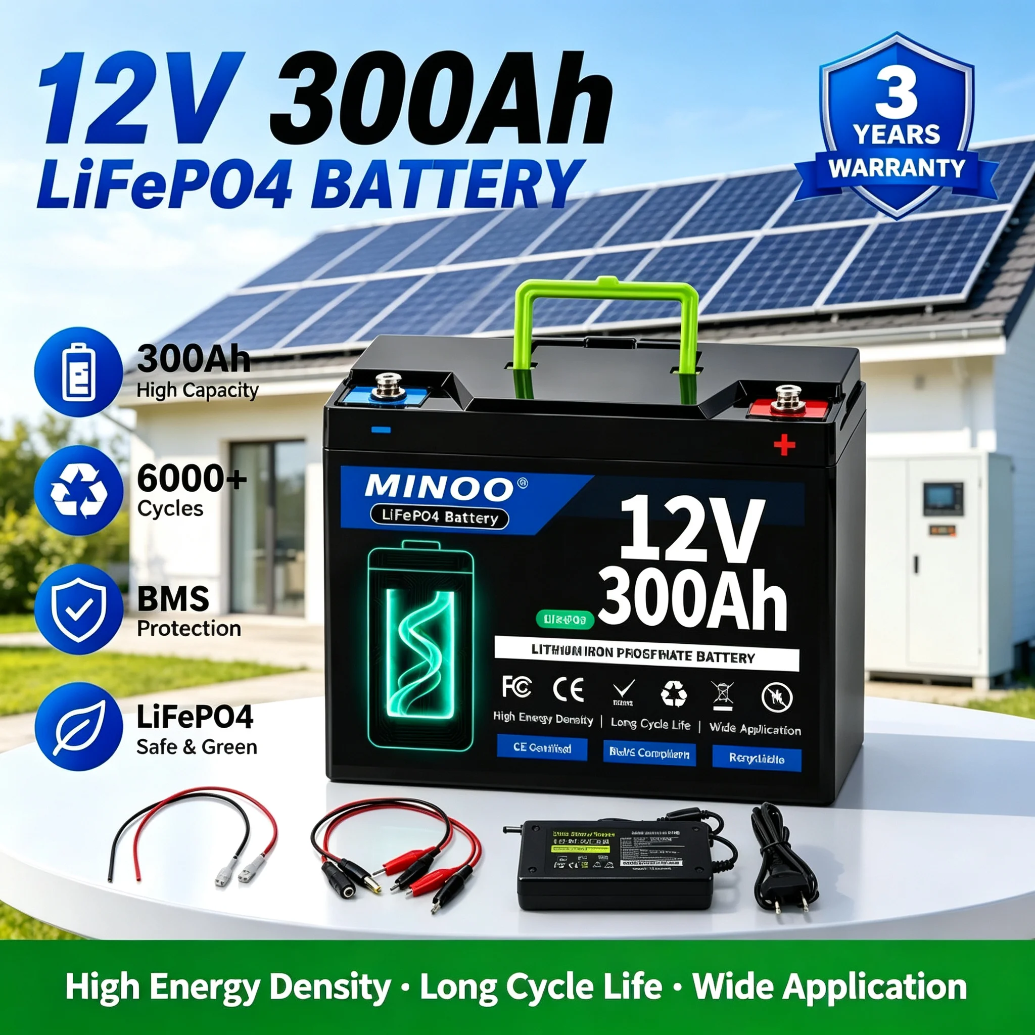 12V 300Ah 200Ah Lithium LiFePO4 Battery Built-in 300A BMS High Capacity Deep Cycle Battery for RV Solar Marine Backup Power