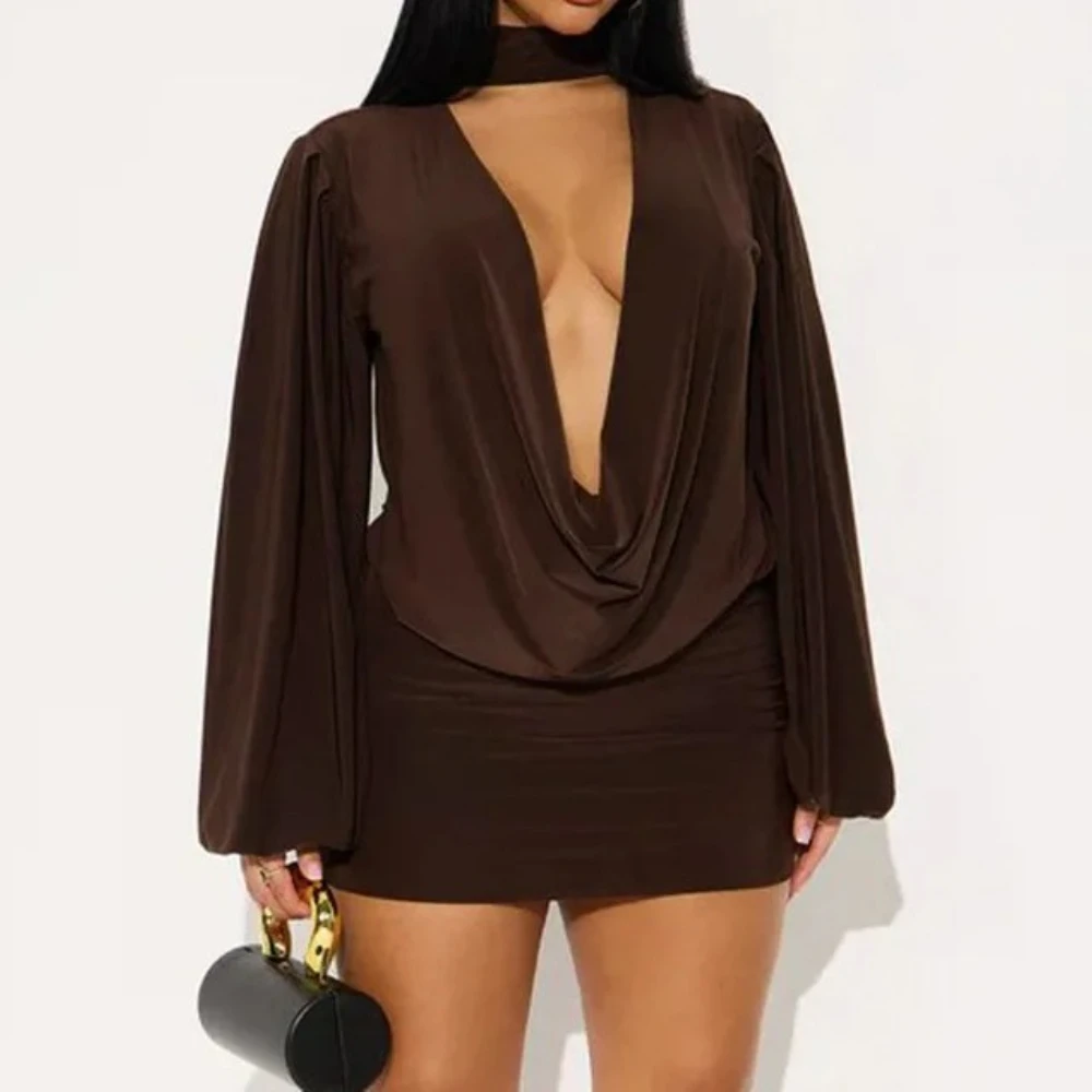 

Модный комплект из 2 предметов, сексуальный распашной воротник, Холтер, открытая спина, фонарь, блузки с длинными рукавами, топ + облегающие мини-юбки, женские однотонные костюмы