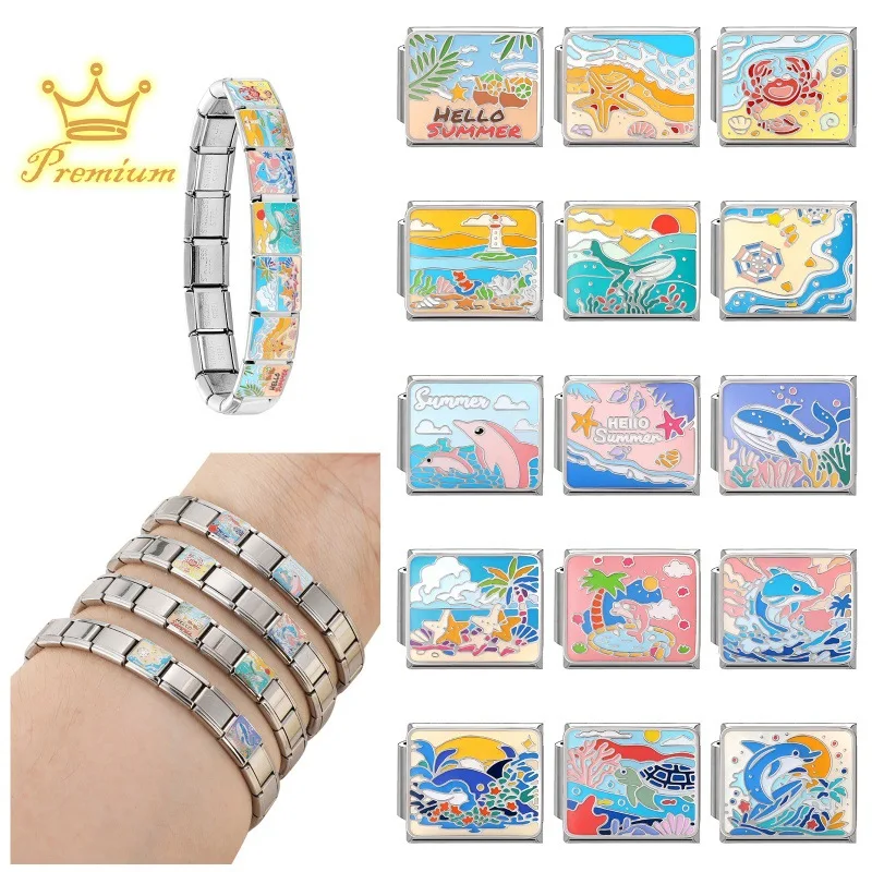 Hapilife Blue Series Starfish Beach Turtle Charms Italian Links Fit 9mm Stainless Steel Bracelet Jewelry DIY Make for Women Men view 2