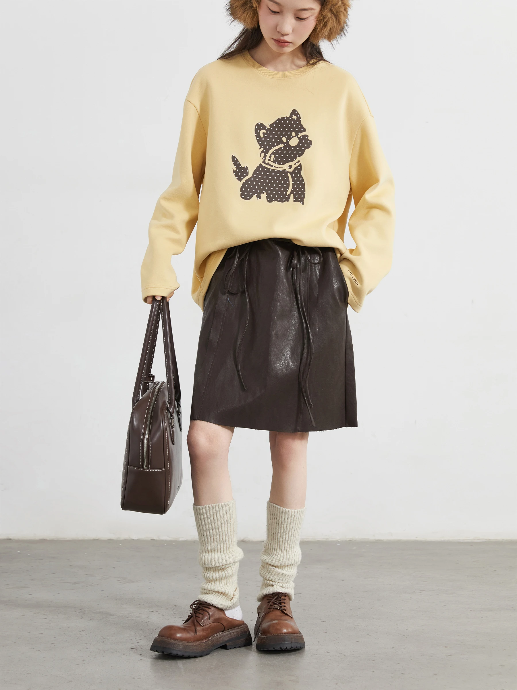 CHIC VEN Women Skirts Solid Loose Casual New Drawstring High Waist A-line Office Ladies PU Short Mini Skirt Autumn Winter 2025