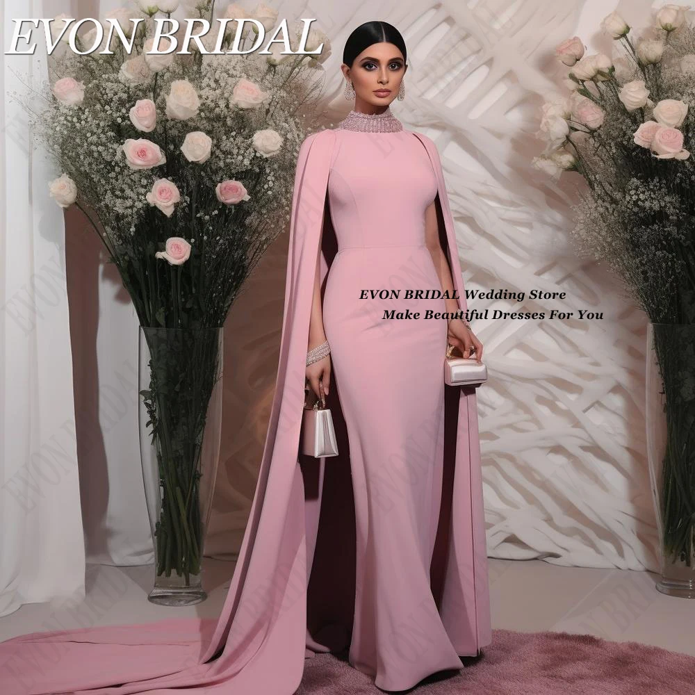 EVON BRIDAL Saudi Arabia Women Evening Dresses Long Cap Sleeves Satin High Neck Beads Formal Celebrity Red Carpet Dress Elegant