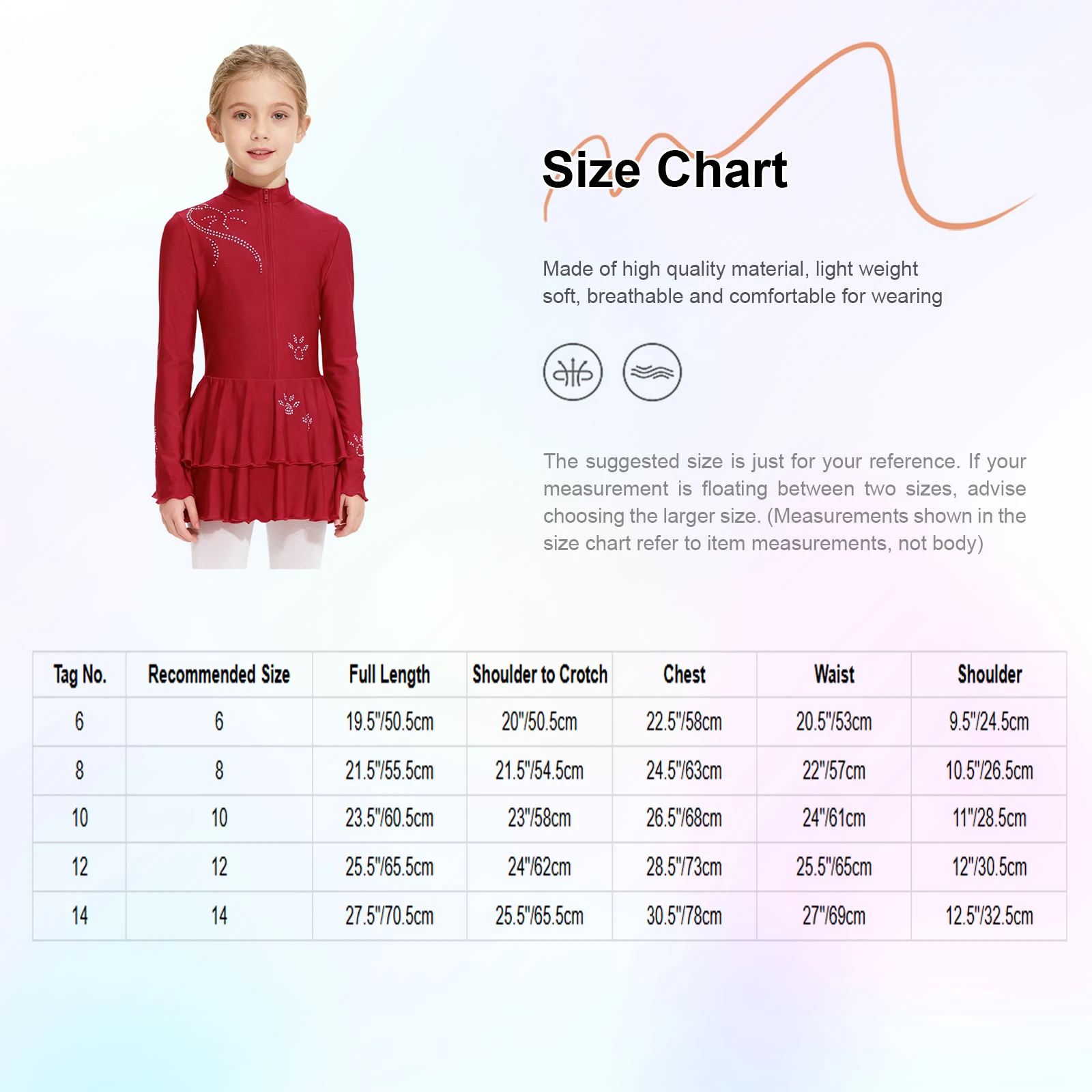 어린이 소녀 체조 피겨 스케이팅 발레 리리컬 댄스 레오타드 드레스 라인스톤 긴 소매 앞지퍼 러플 헴 드레스