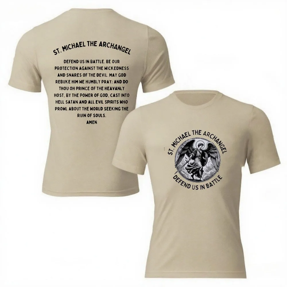 Camiseta de oración de San Miguel, el Arcángel nos defiende en batalla, camiseta católica para hombre, camiseta con cita de San Católico, camiseta de diseño único para hombre