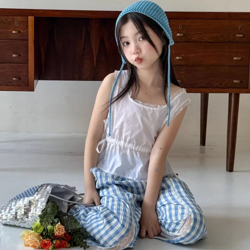 

Girls Shirt 2025 Summer New Childrens Clothing Korean Style Girl Baby Lace Sleeveless Waist Doll Shirt Casual Simple Daily