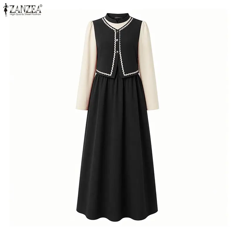 ZANZEA Modest Muslim Abaya Long Sleeve Fake Two Piece Colorblock Wavy Trim Dresses Women Autumn Patchwork Dress Ramadan Robe