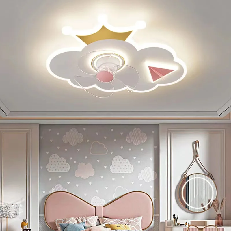 

White Clouds LED Ceiling Fan With Light for Baby Room Boy Girl Children Bedroom Lamp Nursery Kids Room Lighting Crown Chandelier