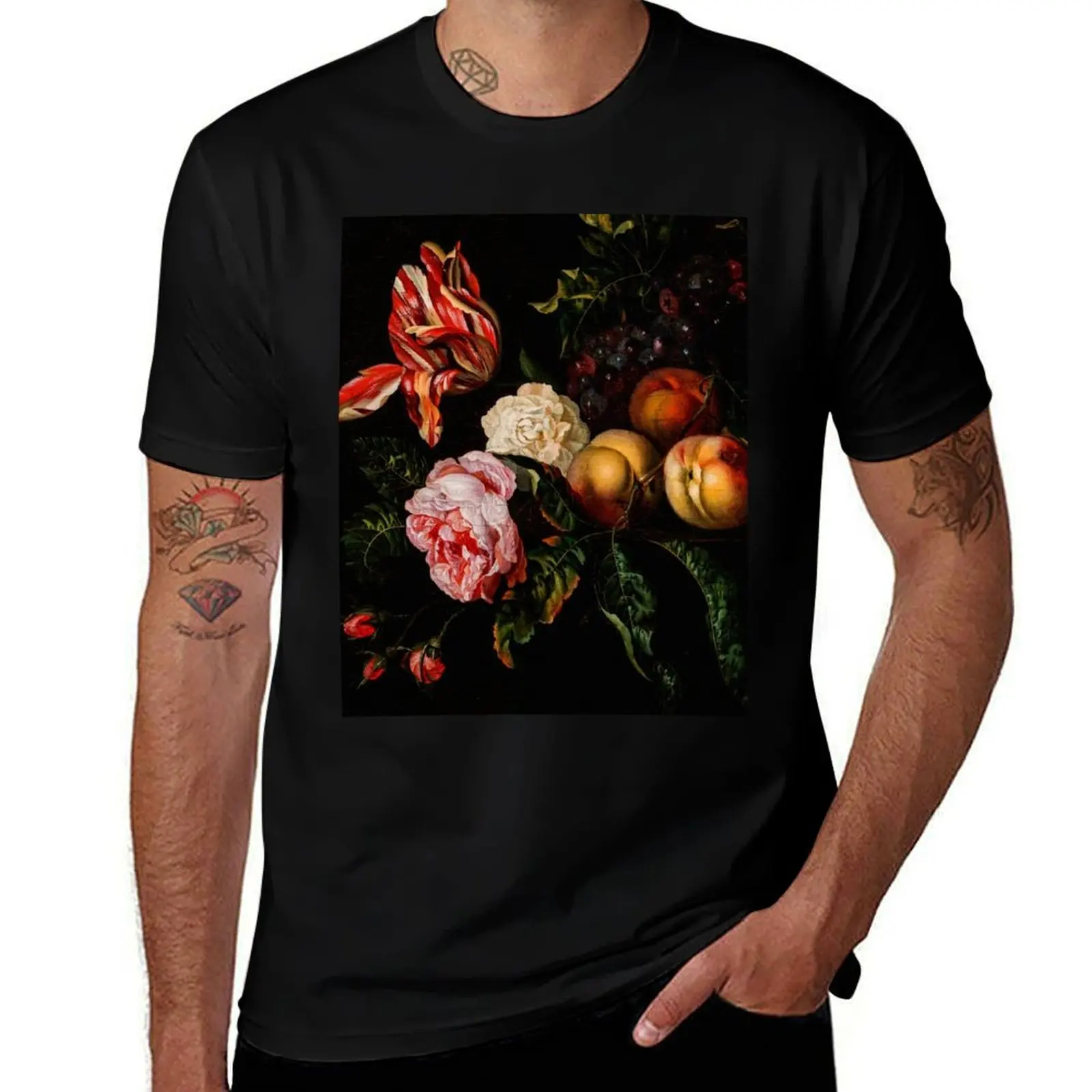 

Ernest Stuven (Dutch Golden Age baroque) Still-life with peaches T-Shirt Short sleeve tee shirts men