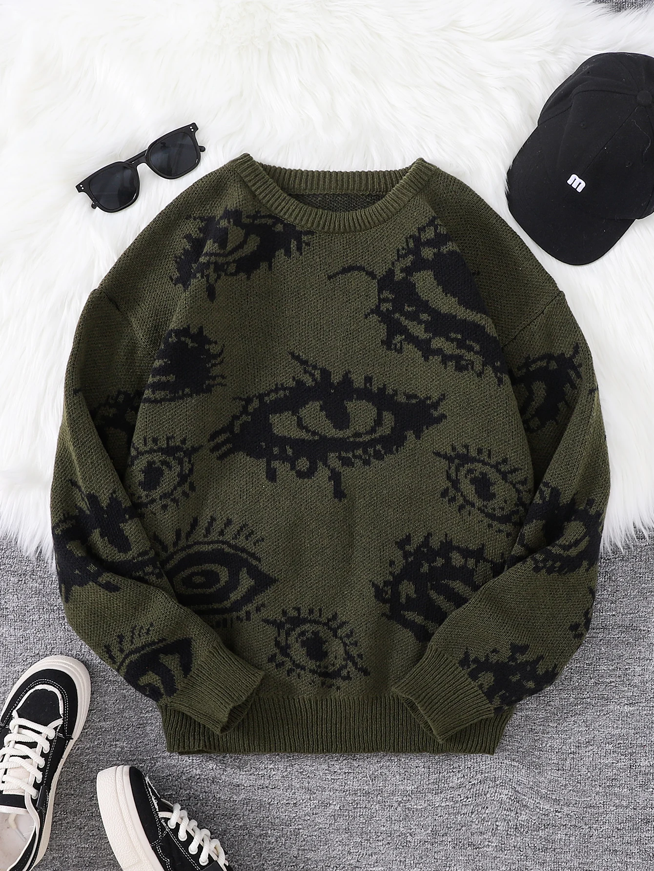 

New Popular Autumn and Winter Abstract Eye Jacquard Pattern Pullover Sweater Casual Round Neck Knitted Men's Pullover