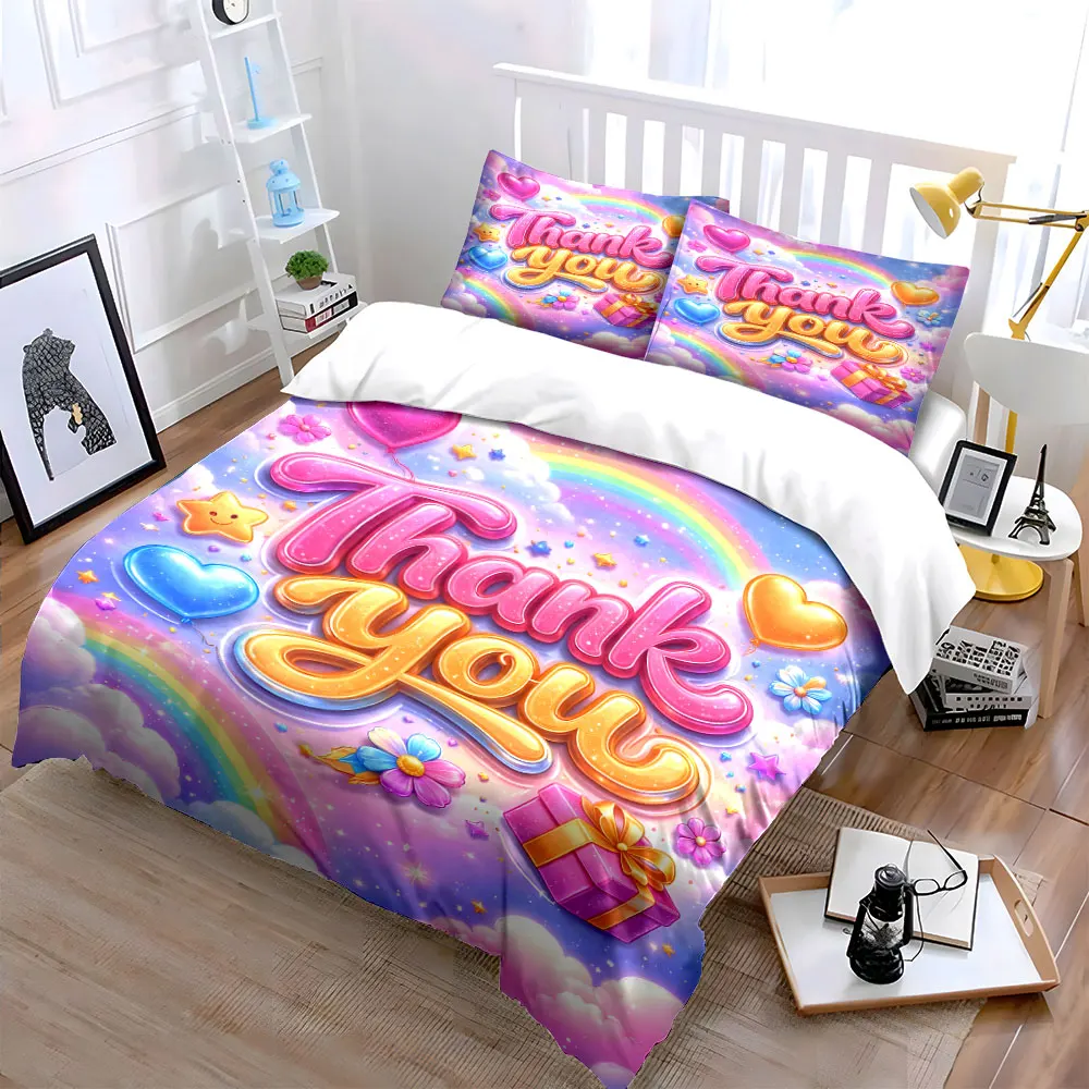 Dreamy Rainbow Thank You Design Duvet Cover Set with 3D Printing Design Soft Polyester Bedding Set All-Season Comfort
