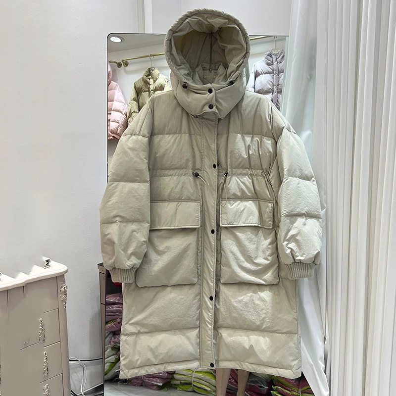 الشتاء -15 ° سترة طويلة بغطاء للرأس دافئة للنساء بسحاب سميك وجيب كبير ملابس خارجية للنساء سترات بيضاء بطول الركبة من باركر #2