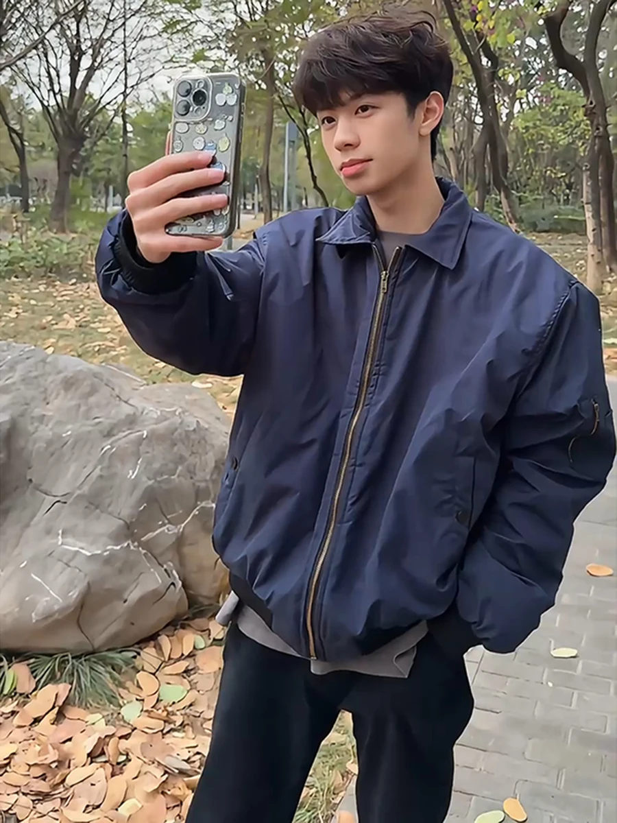 

Cleanfit ort Cotton Jaet Men's Autumn Winter Baseball Sle Pilot Coat Blue Color Loose Fit Online Exclusive Trendy