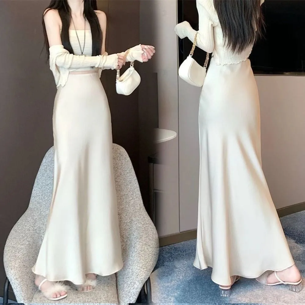 

Business Outfits Summer Satin Silk Long Skirt Slim Fit High Waist High Waisted Skirts Half Body Dress A Line Midi Skirt Girl