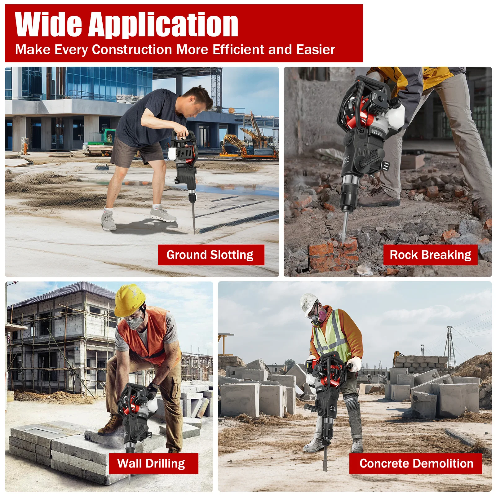 1000W 3-in-1 Gas-powered Demolition Hammer, High Impact Energy Drilling Pick Tool with Low Fuel Consumption