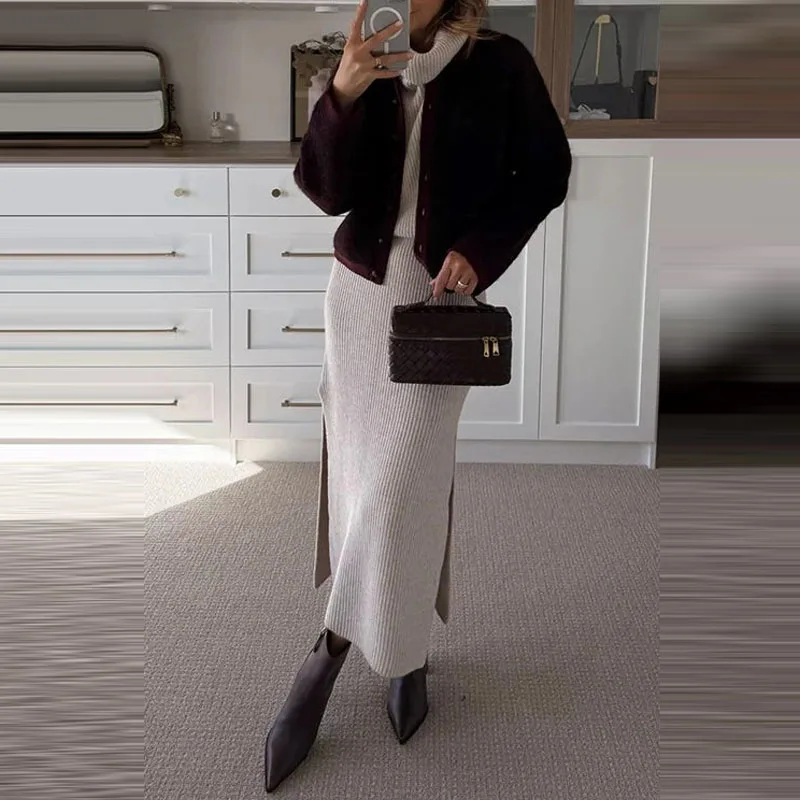 

Women Casual Sleeveless Side Split Long Skirt Outfits Fahsion Hight Street Knitted Sets Elegant High Collar Half Skirt 2 Pc Suit