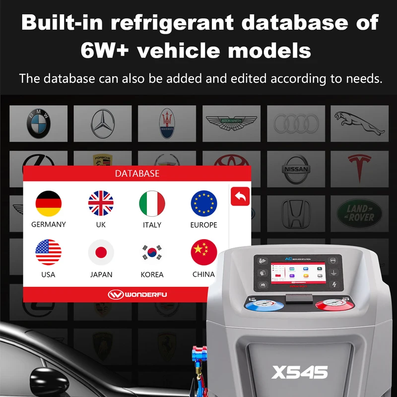 X545 Macchina automatica per il recupero e il rifornimento del refrigerante dell'aria condizionata Rilevamento automatico delle perdite di riempimento sottovuoto