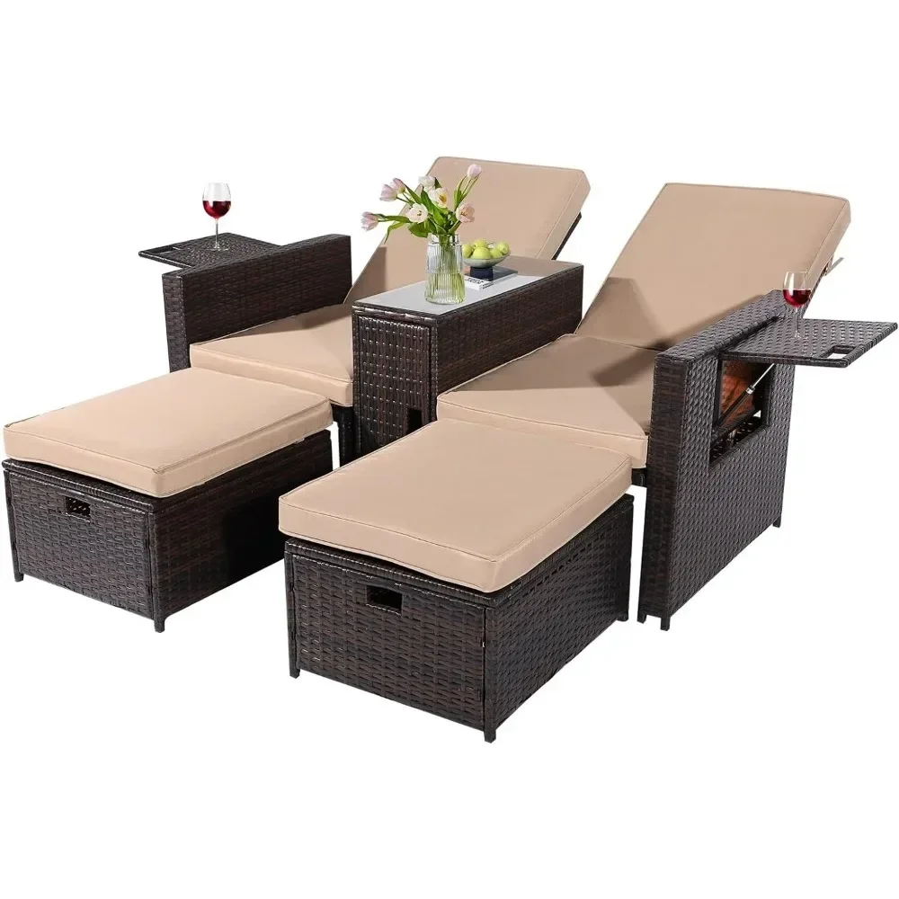 Sun Loungers 5PCS Outdoor Wicker Chaise Lounge Chair - Rattan Adjustable Reclining Patio Lounge Chair with Ottoman and Coffee