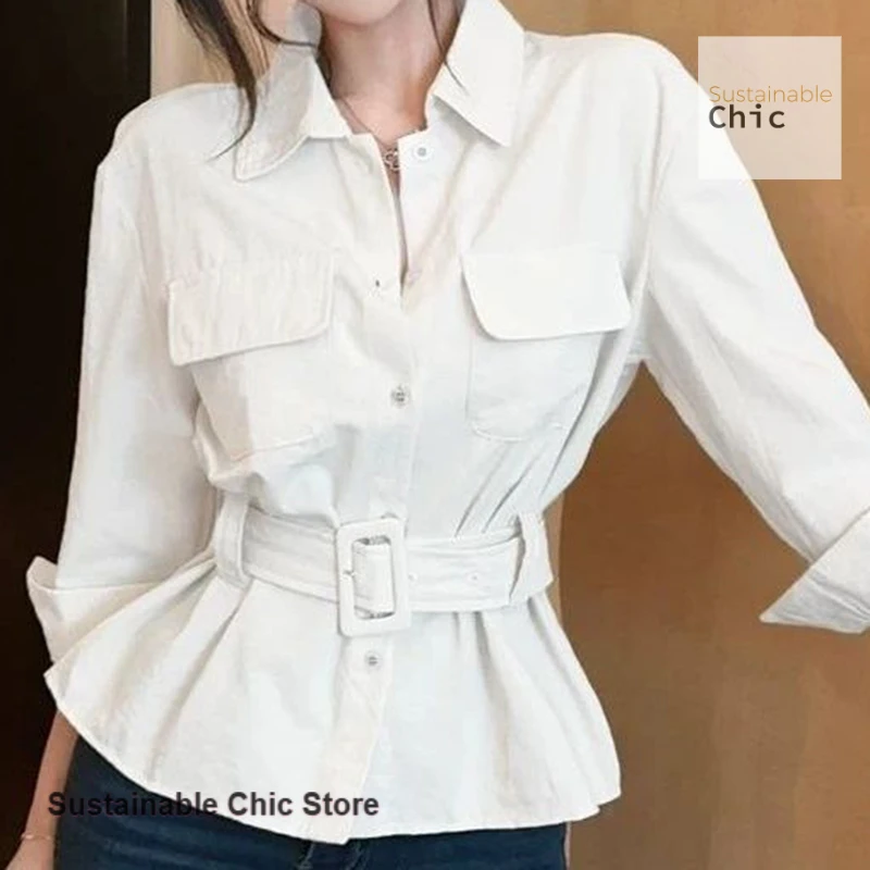 프렌치 스타일 칼라 프록 셔츠 여성 가을 신상 허리 디자인 감각 스파이스 걸 패션 분위기 있는 아름다운 캐주얼 탑