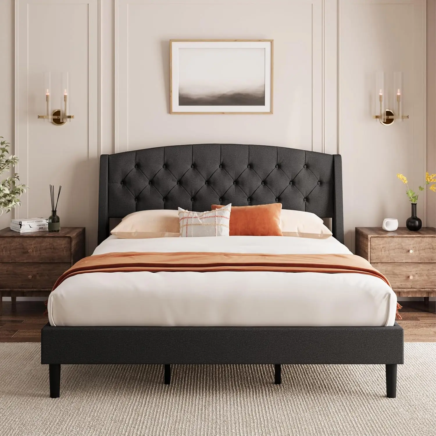 Wingback Upholstered Bed Frame Dark Grey, Customized