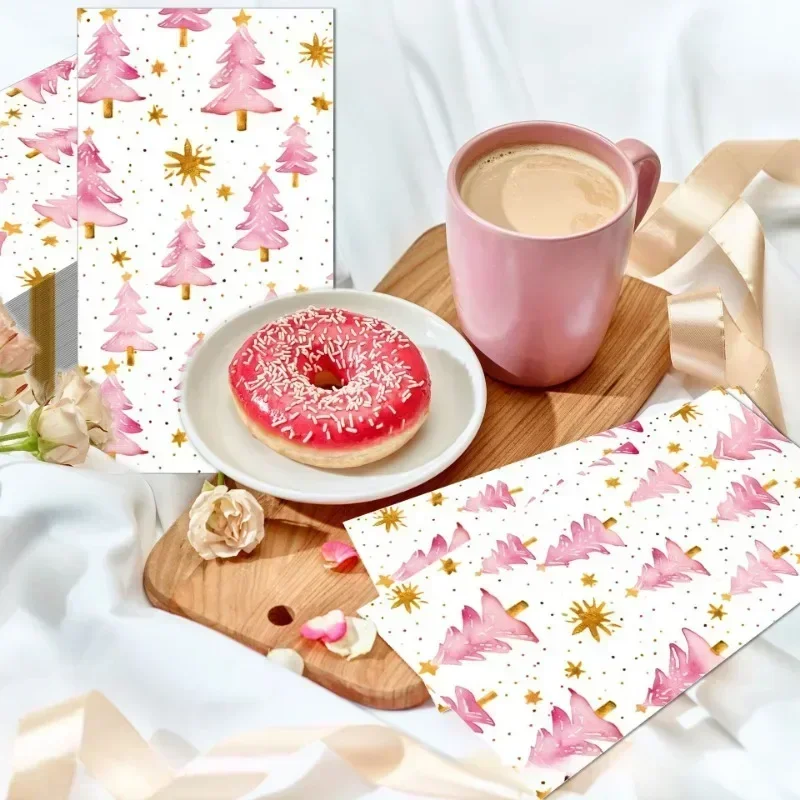 33x40cm 20Pcs 2Ply Christmas Paper Napkins Pink Tree Gold Star Pattern Disposable Napkin for Xmas Party