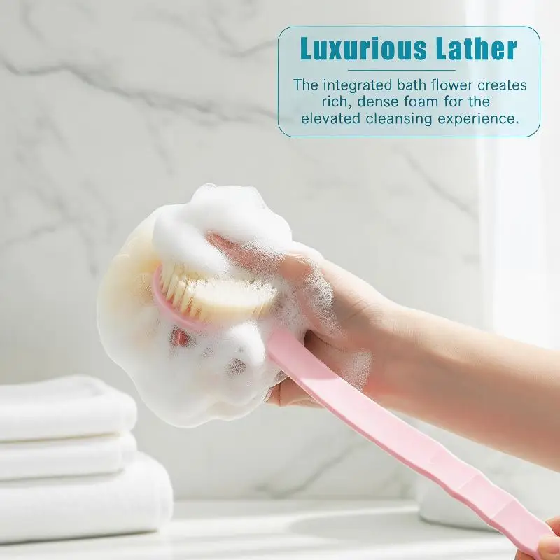 Soft Loofah And Bristles Bath Body Brush For Women And Men - Curved Long Handled Shower Brush For Body, Face, And Spa Washing